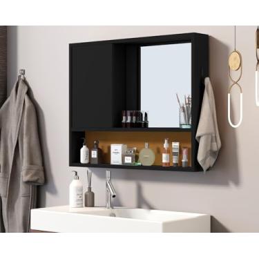 Imagem de Ármario de Banheiro Amon Espelheira com Espelho e Nicho Organizador Estilo Retrô Decoração Ideal para Banheiros Espelheira Fixada na Parede - QUARTETO MÓVEIS (PRETO/NATURE)