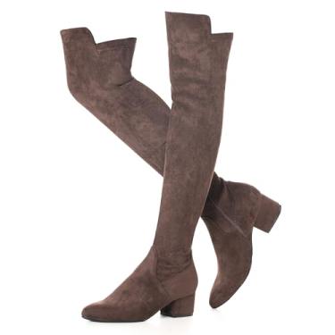 Imagem de Mtzyoa Botas femininas acima do joelho camurça cano alto baixo salto bloco elástico OTK conforto para caminhada, Café/Salto de 5 cm, 40