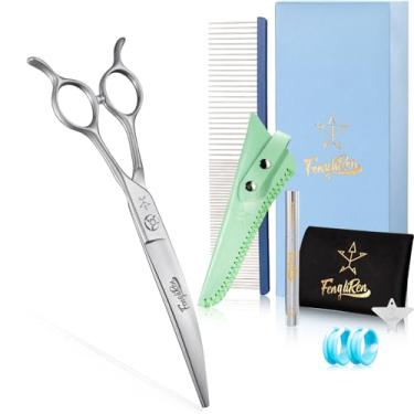 Imagem de Fengliren Tesoura curvada profissional de alta qualidade para cuidados com cães de 18 cm, extremamente afiada, feita de liga de aço inoxidável à mão para tosador de cães e gatos