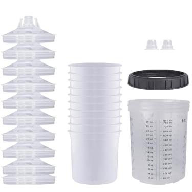 Imagem de Copos de tinta descartáveis - Sistema de copos de mistura de tinta 800 ml), 10 copos e sistema de tampas para automotivo, 1 copo rígido com anel de retenção, 2 plugues, 1 agitador (765.4 g-10 peças)