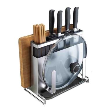 Imagem de JUSHZ Bandeja de cozimento Rack de armazenamento para prateleiras de armário, suporte de tábua de cortar bancada, multifuncional, suporte de facas de aço inoxidável com bandeja coletora (prata, 25 x