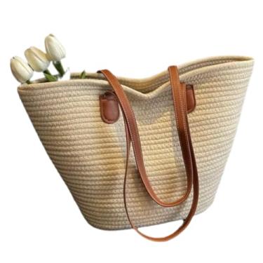 Imagem de Bolsa de Palha Grande com Alças em Couro, Estilo Tote para Praia e Compras, Bege Natural