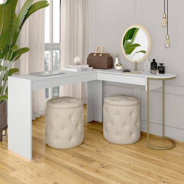 Imagem de Camarim Em L Industrial Com Led E Espelho Oval Mavi Dourado/bco - M.a