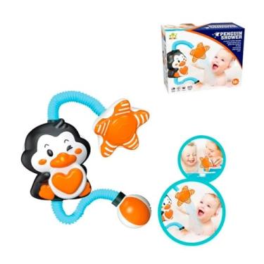 Imagem de Chuveirinho Elétrico Infantil Pinguim, 70cm, com Ducha Estrela-do-Mar Giratória, para Crianças 18+ Meses