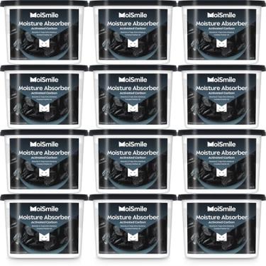 Imagem de Moismlie Pacote com 12 absorventes de umidade com carvão ativado — caixas de desumidificador recarregáveis de 10,14 g para armário, porão e carro