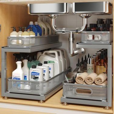 Imagem de Biboraya Pacote com 2 organizadores sob a pia de 53 cm de profundidade com corrediças de rolamento de esferas de última geração, prateleira de puxar de malha sofisticada de 2 camadas para cozinha e