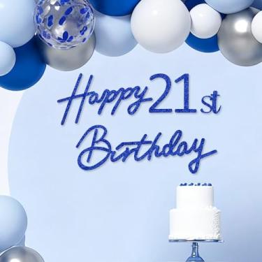 Imagem de TONIFUL Placa de feliz aniversário - Faixa de feltro azul marinho com glitter - Inclui cola de bolinhas - perfeita para pano de fundo de festa de aniversário de 21 anos, decoração de parede de dia B