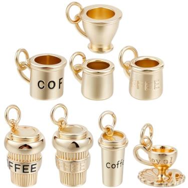 Imagem de Beebeecraft 8 peças, 8 estilos, mini pingentes de xícara de café, banhado a ouro 18 K, pingente de caneca de chá, pingente, pingente, palavras esculpidas com anel de salto e caixa para fazer joias