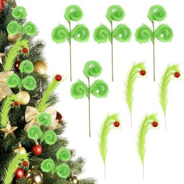 Imagem de 8 peças de topo de árvore de Natal, enfeite de árvore de Natal verde limão de 43 cm, palhetas de Natal peludas verdes com bola vermelha para guirlanda de árvore de Natal, decorações de artesanato