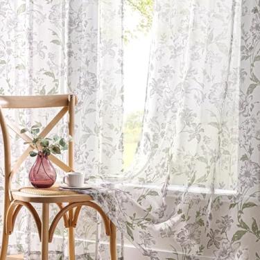 Imagem de Cortinas transparentes florais cinza de 182 cm de comprimento para sala de estar, cortinas rústicas francesas vintage para quarto, bolso de varão, filtragem de luz, cortinas de janela de fazenda para
