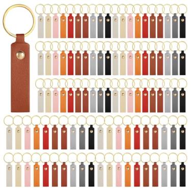 Imagem de LIQWEI Chaveiro de couro PU, 100 peças, kit retangular de couro PU, chaveiro com gravação a laser com anéis para chaveiros faça você mesmo, presente de aniversário para homens e mulheres