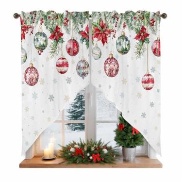Imagem de Cortinas de Natal para janelas, bolas de Natal, cortinas de cozinha, poinsétia, baga, azevinho, flocos de neve, cortina de 2 painéis para cozinha, sala de estar, quarto, 71 x 91 cm
