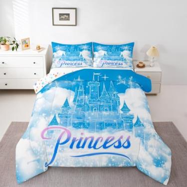Imagem de Feelyou Conjunto de edredom castelo de princesa, solteiro, castelo azul, para crianças, meninos, meninas, flocos de neve, edredom, decoração de quarto de conto de fadas, microfibra, 2 peças com 1