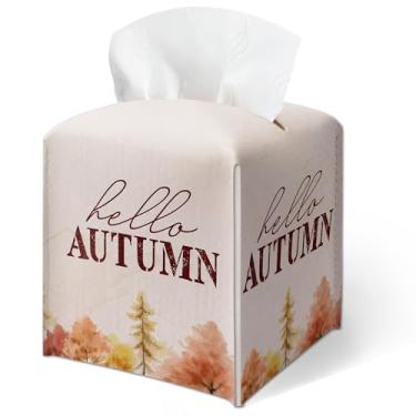 Imagem de Capa quadrada de caixa de lenços de outono, suporte de caixa de lenços de couro Hello Fall à prova d'água, mesa para sala de estar, escritório, vaidade, carro, presente exclusivo de ação de graças e