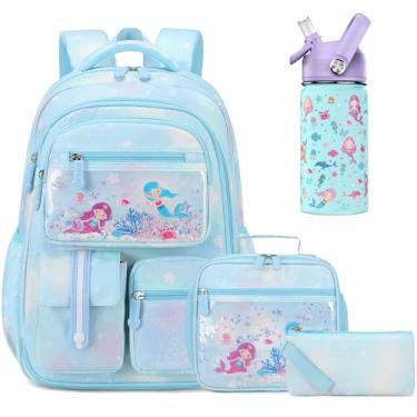 Imagem de ACESAK Mochila escolar infantil para meninas, mochila de sereias com garrafa de água infantil de 400 ml, Azul, 16.5 x 7.4 x 16.5 inches, Conjunto de jarras de mochila 4cs
