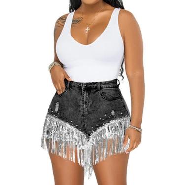 Imagem de Shorts jeans CYLADY Tassel Fringe, cintura alta, rasgados, pretos