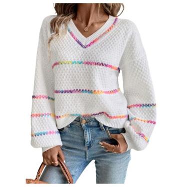 Imagem de Suéter Verdusa feminino listrado de malha branca de grandes dimensões