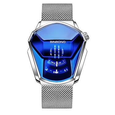 Imagem de Relógios digitais binários masculinos de aço inoxidável prateados à prova d'água com luz de fundo LED criativos, modernos e azuis, Z, prata, azul, Relógio binário LED