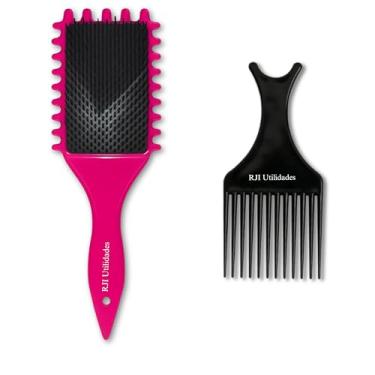 Imagem de Kit Escova Cabelo Fitagem Ondas com Fendas Laterais + Pente Garfo Afro Black Volume e Definição – Cabelos Cacheados, Crespos e em Transição – RJI Utilidades