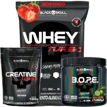 Imagem de Whey Protein + Creatina Monohidratada + Pré-Treino - Kit Protein Concentrado + Creatina Monohidratada Turbo 150g + Pré-Treino B.O.P.E 150g - Black Skull (Whey Turbo Morango - B.O.P.E Limão)