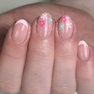 Imagem de Unhas postiças curtas redondas com cola falsa rosa francesa com design simples de flor, cobertura completa, bastão falso artificial em unha de acrílico para mulheres, uso diário, 24 peças