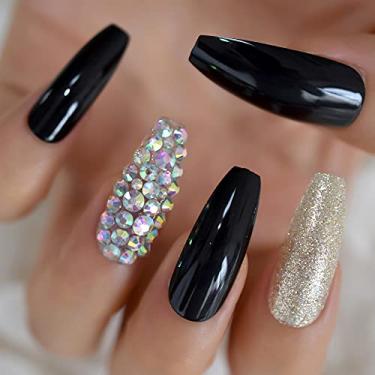 Imagem de Unhas de pressão de caixão com strass cor preta dourada glitter longo unhas postiças cobertura completa manicure
