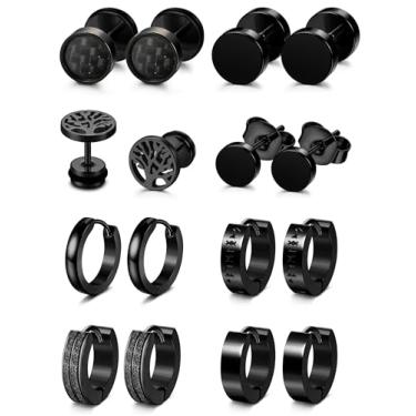 Imagem de 8 pares de brincos masculinos pretos de aço inoxidável preto para homens, standard, Aço inoxidável, Sem pedra preciosa
