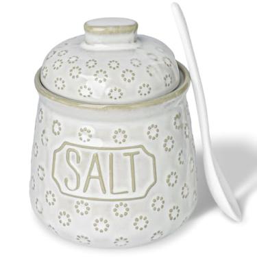 Imagem de QUXIJA Tigela de sal e pimenta com tampa e colher, adega de especiarias de cerâmica de 293 ml para bancada de cozinha, decoração de cozinha de fazenda (branco vintage, sal de etiqueta de 11 cm)