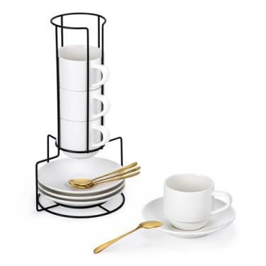 Imagem de Lareina Conjunto de 4 xícaras de cappuccino de porcelana de 227 g, xícaras de café empilháveis com pires, colheres e suporte de metal - para bebidas especiais de café, cappuccino, latte, americano e