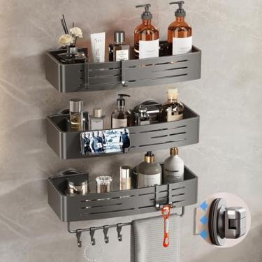 Imagem de Voldra Suporte de chuveiro com ventosa, pacote com 3 prateleiras para chuveiro interno sem perfuração, organizador de chuveiros de sucção de alumínio com barra de toalha e ganchos, prateleira