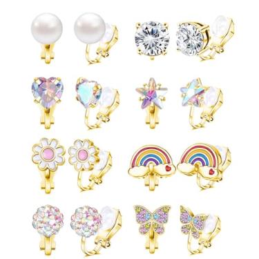 Imagem de 8 pares de brincos de pressão de ouro para mulheres, não perfurados, hipoalergênicos, fofos, borboletas, pérolas, rosa, zircônia cúbica, clipe colorido, brincos falsos, Aço inoxidável, Zircônia cúbica