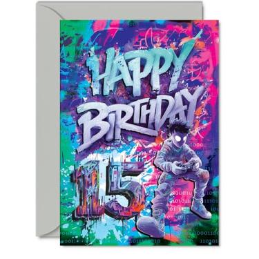 Imagem de Giftzie Cartões de aniversário de 15 anos para meninos e meninas - Epic Gamer - Cartão de feliz aniversário para meninos de 15 anos, neto, primo, filho, sobrinha, cartões comemorativos A5 aniversário