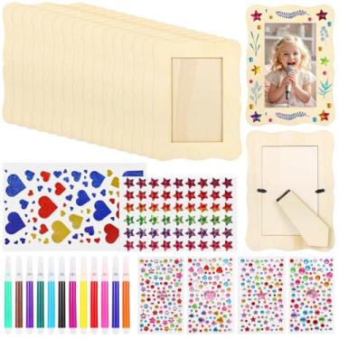 Imagem de LUMINFLY Kit de artesanato de moldura de madeira DIY com 16 peças, molduras em branco e marcadores coloridos, folhas de adesivos deslumbrantes incluídas, fotos de 12 x 18 cm, madeira inacabada, sala