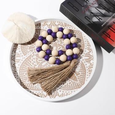 Imagem de Guirlanda de contas decorativas de madeira feita à mão – Contas de madeira natural boho com borlas para decoração de prateleiras, guirlanda vintage rústica com contas para casa e evento (81 cm)