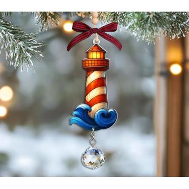 Imagem de BrockShops Acrílico para farol Suncatcher com cristal - Enfeite acrílico de farol - Decoração costeira do pôr do sol do oceano - Decoração de Natal de praia - Presente de marinheiro - Captador de sol
