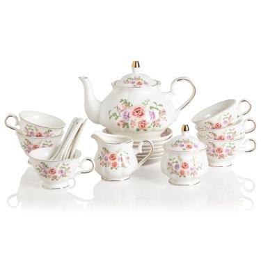 Imagem de Sweejar Conjuntos de chá de porcelana, vintage britânico floral relevo dourado bule de chá e pires, serviço de conjunto de chá para 6, com bule de chá, açucareiro, jarro de leite, colheres, xícara de