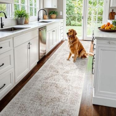 Imagem de Tapete de corredor lavável de 7,5 x 38,5 cm - Tapete vintage para corredores de cozinha de pelo baixo, macio e fino, com suporte de borracha para entrada, sala de estar, decoração de casa (creme