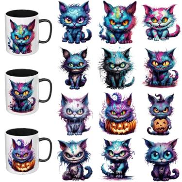 Imagem de Elewins Adesivos UV DTF – 12 folhas de Halloween Chesire Cat UV DTF Cup Wrap para canecas de vidro café, decalques DIY para copos, esfregar à prova d'água em transferências para artesanato