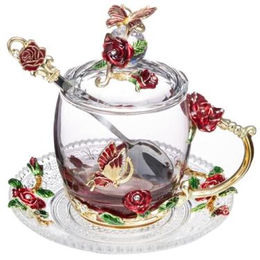 Imagem de LANTREE Presente de Natal para mulheres Dia das Mães novidade caneca de café com tampa xícara de chá de vidro e pires canecas de chá vintage (11 ozRedRose)