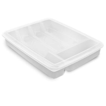 Imagem de Porta Talheres Com Tampa e Divisórias Organizador Gaveta Cozinha (Branco, 5 Divisórias)