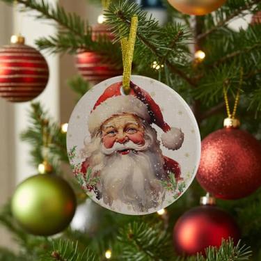Imagem de Enfeite de Natal 2025, Enfeites de pendurar em cerâmica redonda de Papai Noel com Poinsétia Vermelha para Árvores de Natal, Flocos de Neve Dourados Retrô Linho, Enfeites para Pendurar em Casa