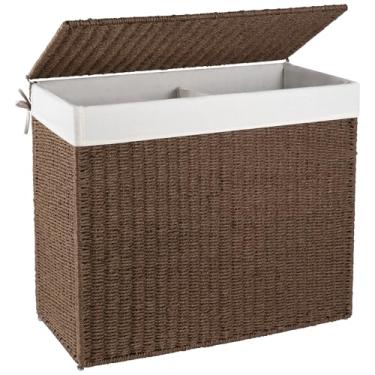 Imagem de OIAHOMY Cesto de roupa grande com tampa, cesto de vime de 135 litros com saco de forro removível, cesta de roupas tecida à mão com alças, cesta de corda de papel dobrável para lavanderia, quarto