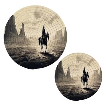 Imagem de Blueangle 2 peças de suporte de panela de trivet Western Cowboys - conjunto de pegadores de panela de tecido redondo - almofadas quentes trançadas de algodão - porta-copos - tapetes de mesa para