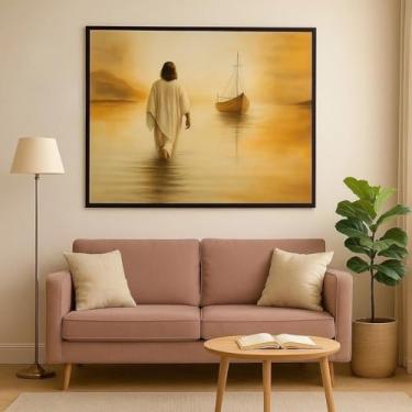 Imagem de Quadro Religioso Jesus Caminhando Sobre as Águas | Arte de Fé e Esperança para Sala Quarto Escritório | Decorativo Moderno em MDF | Painel Inspirador para Parede | Estilo Contemporâneo (70x50)