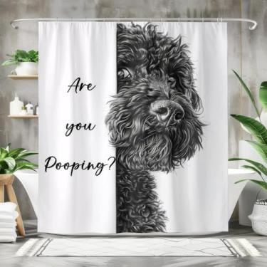 Imagem de Reateforin Cortinas de chuveiro pretas e brancas engraçadas com animais para cães, divertidas, douradas, você faz cocô para crianças, meninos, adolescentes, banheiro, banheira, decoração de casa