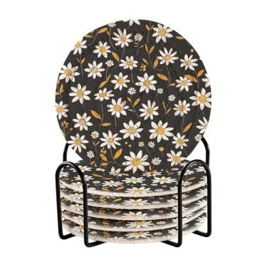 Imagem de Qilmy Conjunto de 6 peças para copos de flores de margaridas bonitas ou porta-copos de bar para bebidas, porta-copos de fazenda ou porta-copos de mesa rústicos, porta-copos modernos de algodão para o