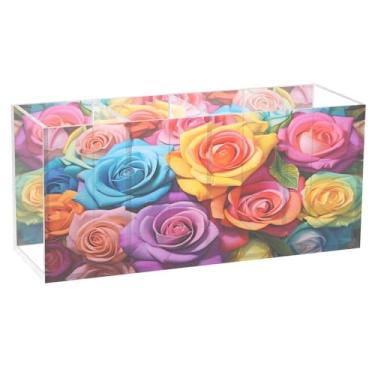 Imagem de CEBUGI Porta-lápis de acrílico transparente com 4 compartimentos, organizador de pincéis de maquiagem de rosas coloridas para armazenamento em mesa de escritório em casa