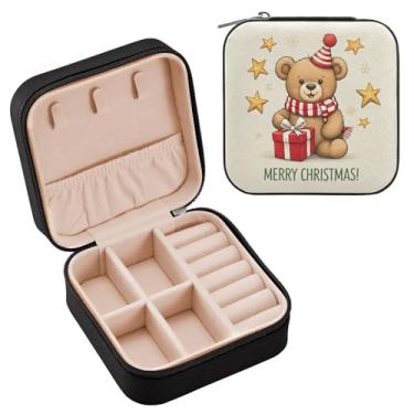 Imagem de Wassud Estojo de joias de viagem de urso de Natal para mulheres, meninas, senhoras, noiva, mini organizador de joias de couro PU, caixa quadrada de armazenamento de joias para brincos, anéis, colar