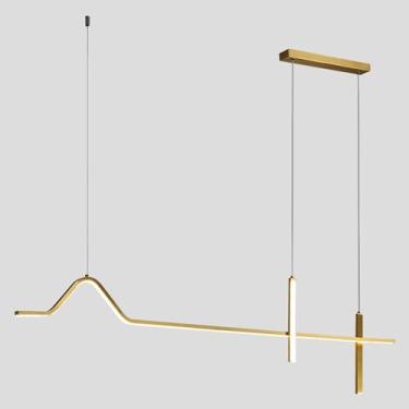 Imagem de Lustre LED moderno dourado com design linear e dimerizável, ideal para iluminação de teto, cozinha, ilha e sala de estar.