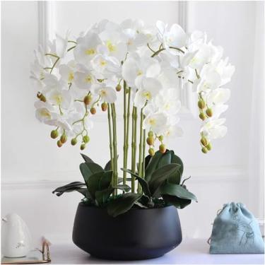 Imagem de LMJYU Orquídea artificial com plantador de porcelana flores artificiais Phalaenopsis 10 orquídeas artificiais 65 cm flores artificiais flores artificiais